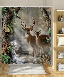 Wildlife Reindeer Brook Foggy Forest Deer Shower Curtain For Bathroom 