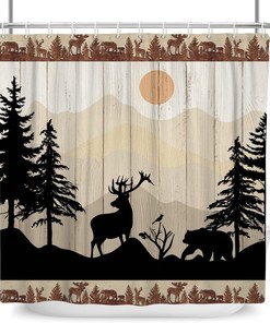 Wildlife Scenery Black Bear and Deer Print Shower Curtain on Wood Board for Rustic Cabin Look