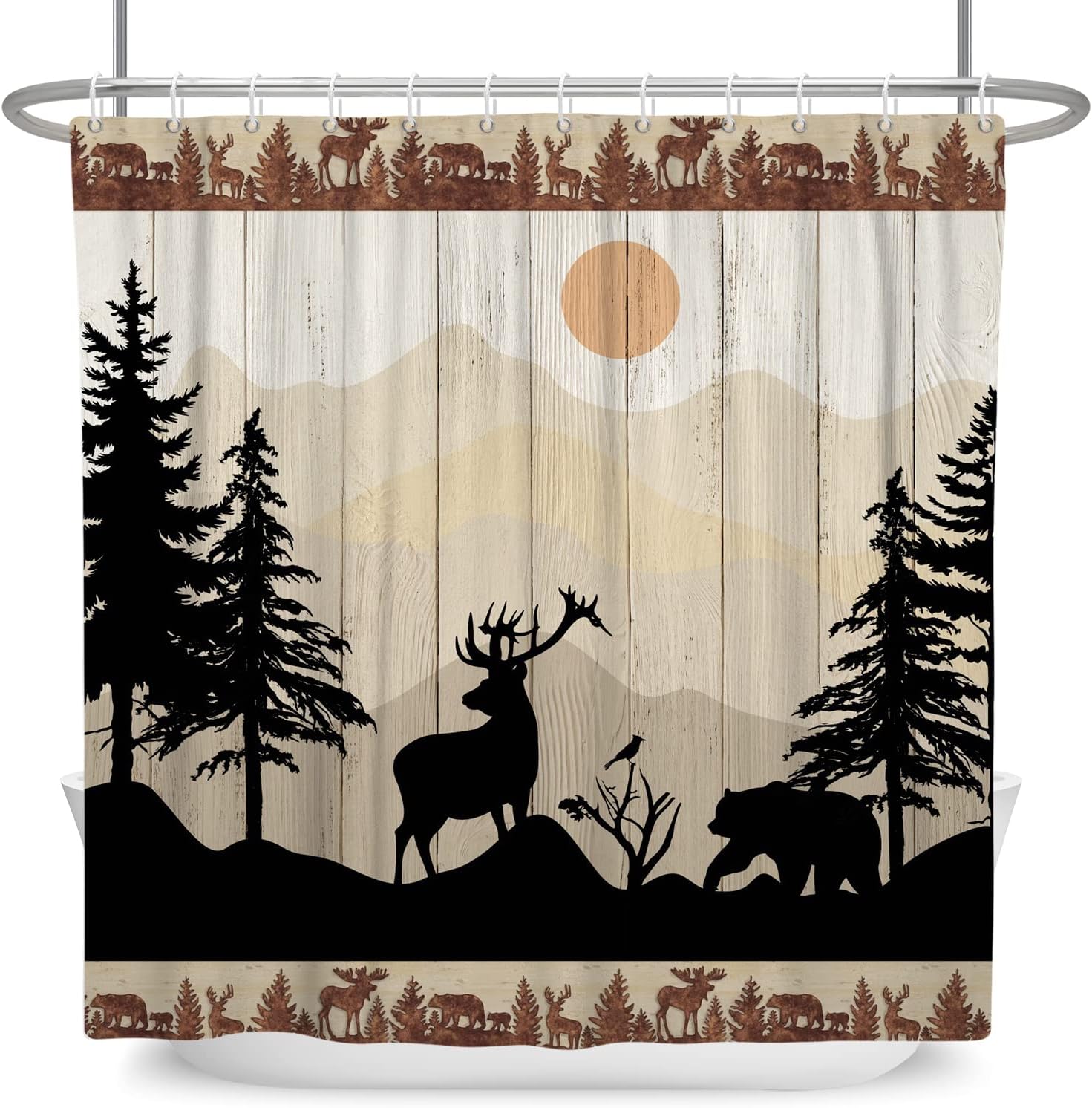 Wildlife Scenery Black Bear and Deer Print Shower Curtain on Wood Board for Rustic Cabin Look