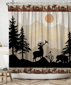 Wildlife Scenery Black Bear and Deer Print Shower Curtain on Wood Board for Rustic Cabin Look