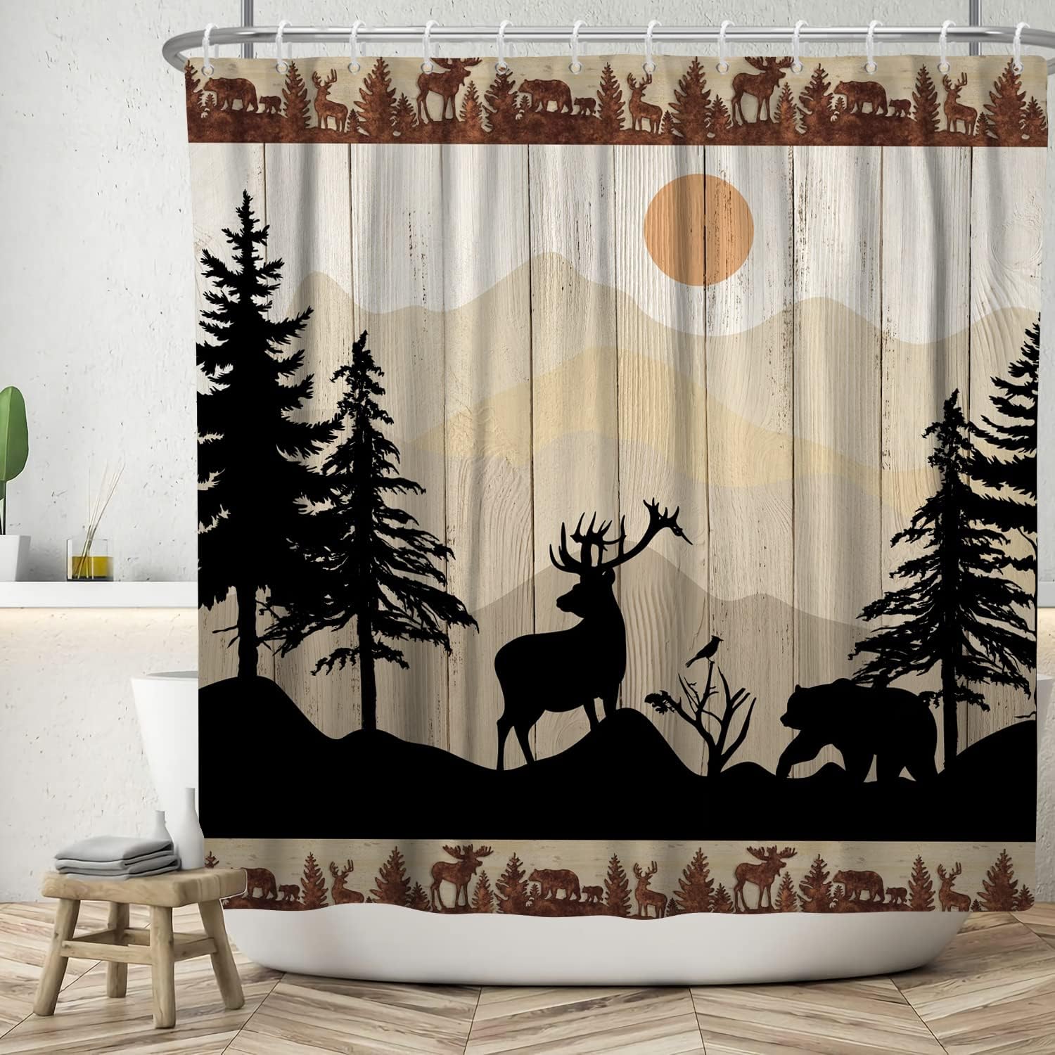 Wildlife Scenery Black Bear and Deer Print Shower Curtain on Wood Board for Rustic Cabin Look