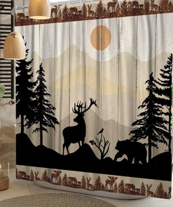 Wildlife Scenery Black Bear and Deer Print Shower Curtain on Wood Board for Rustic Cabin Look