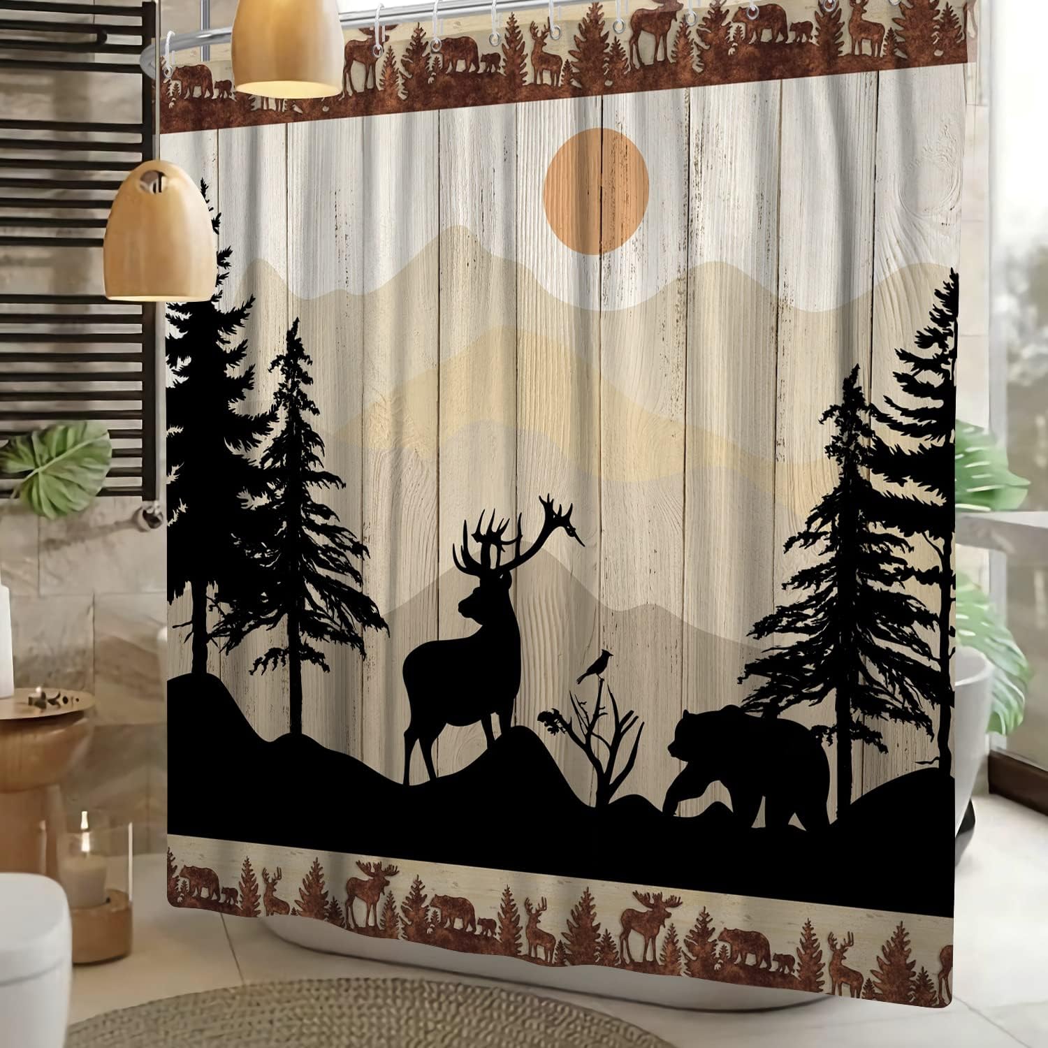 Wildlife Scenery Black Bear and Deer Print Shower Curtain on Wood Board for Rustic Cabin Look