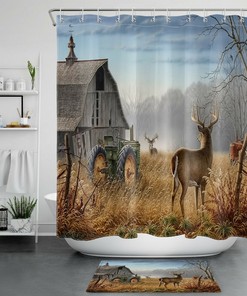 Wildlife Scenic Shower Curtain - Autumn Forest Deers Farmhouse Barn Tractors