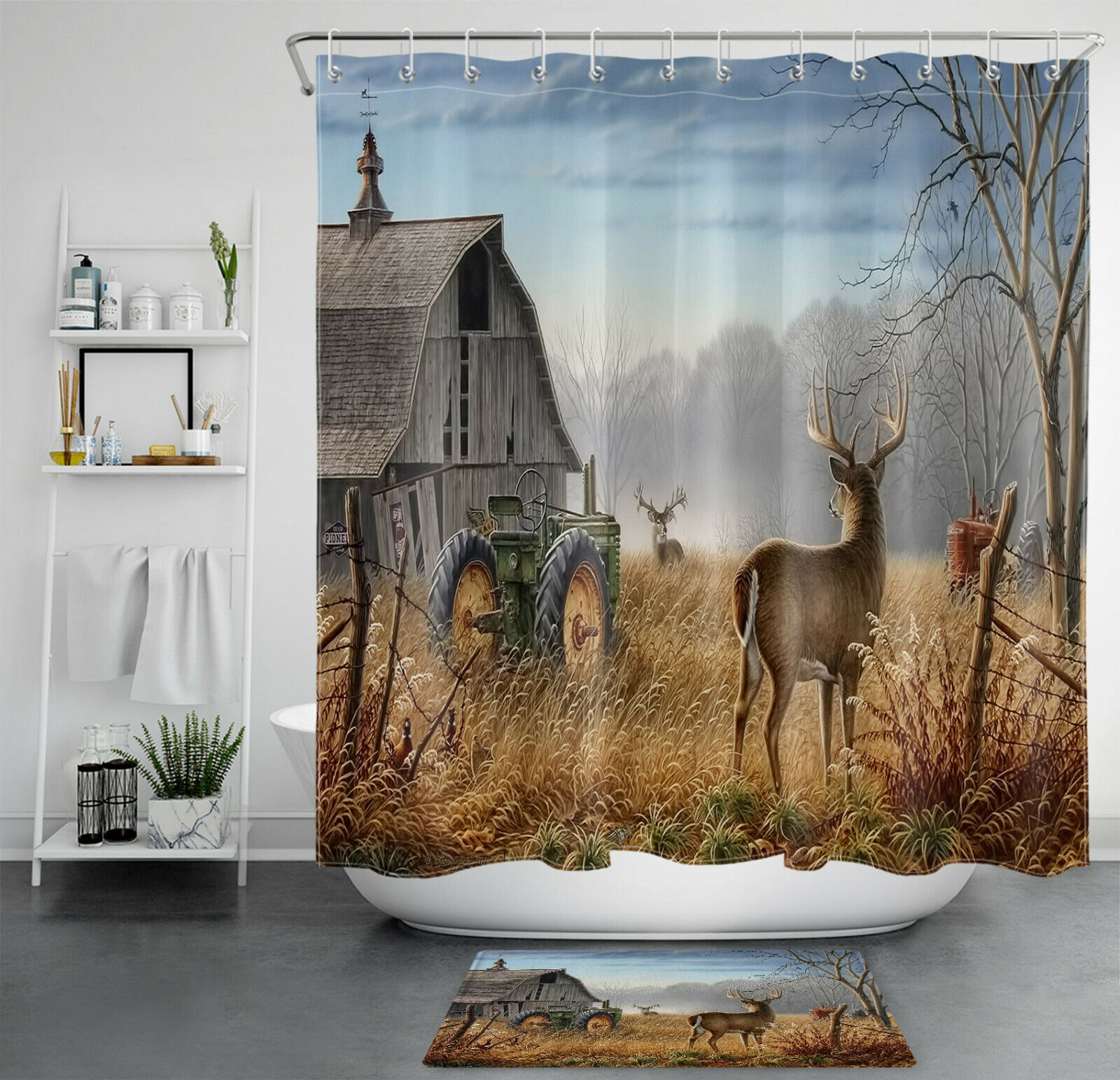 Wildlife Scenic Shower Curtain - Autumn Forest Deers Farmhouse Barn Tractors