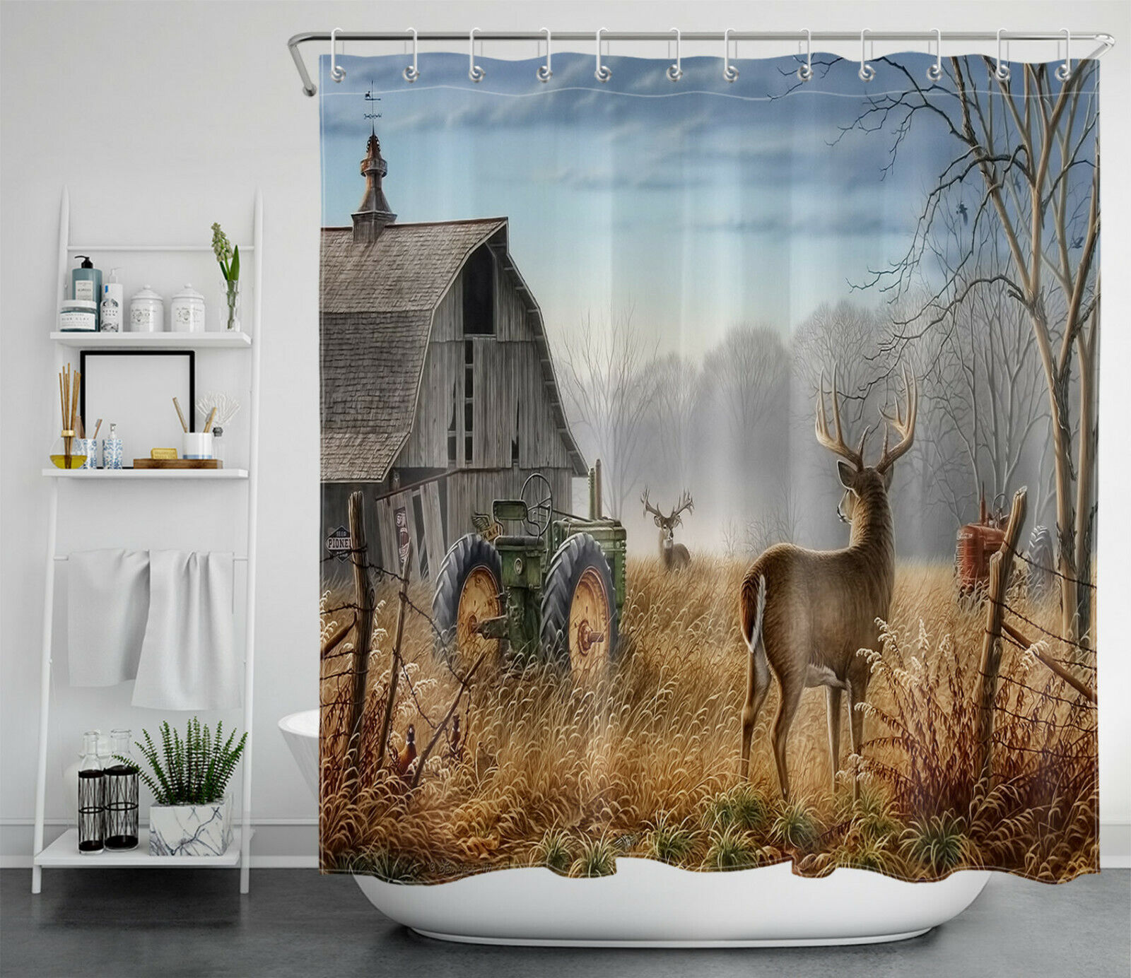 Wildlife Scenic Shower Curtain - Autumn Forest Deers Farmhouse Barn Tractors - Image 2