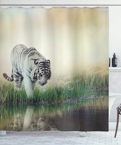 Wildlife Shower Curtain, Albino Tiger Animal Lover Print, Cloth Fabric Bathroom Decor, Green And White