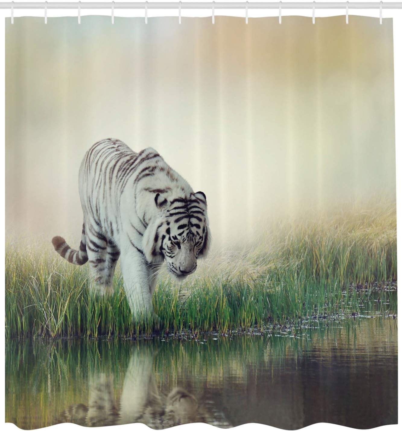 Wildlife Shower Curtain, Albino Tiger Animal Lover Print, Cloth Fabric Bathroom Decor, Green And White - Image 2