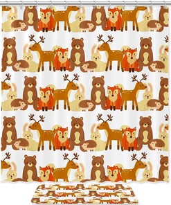 Wildlife Shower Curtain With Bears, Foxes, And Deer Print, Waterproof Bath Curtain For Bathroom