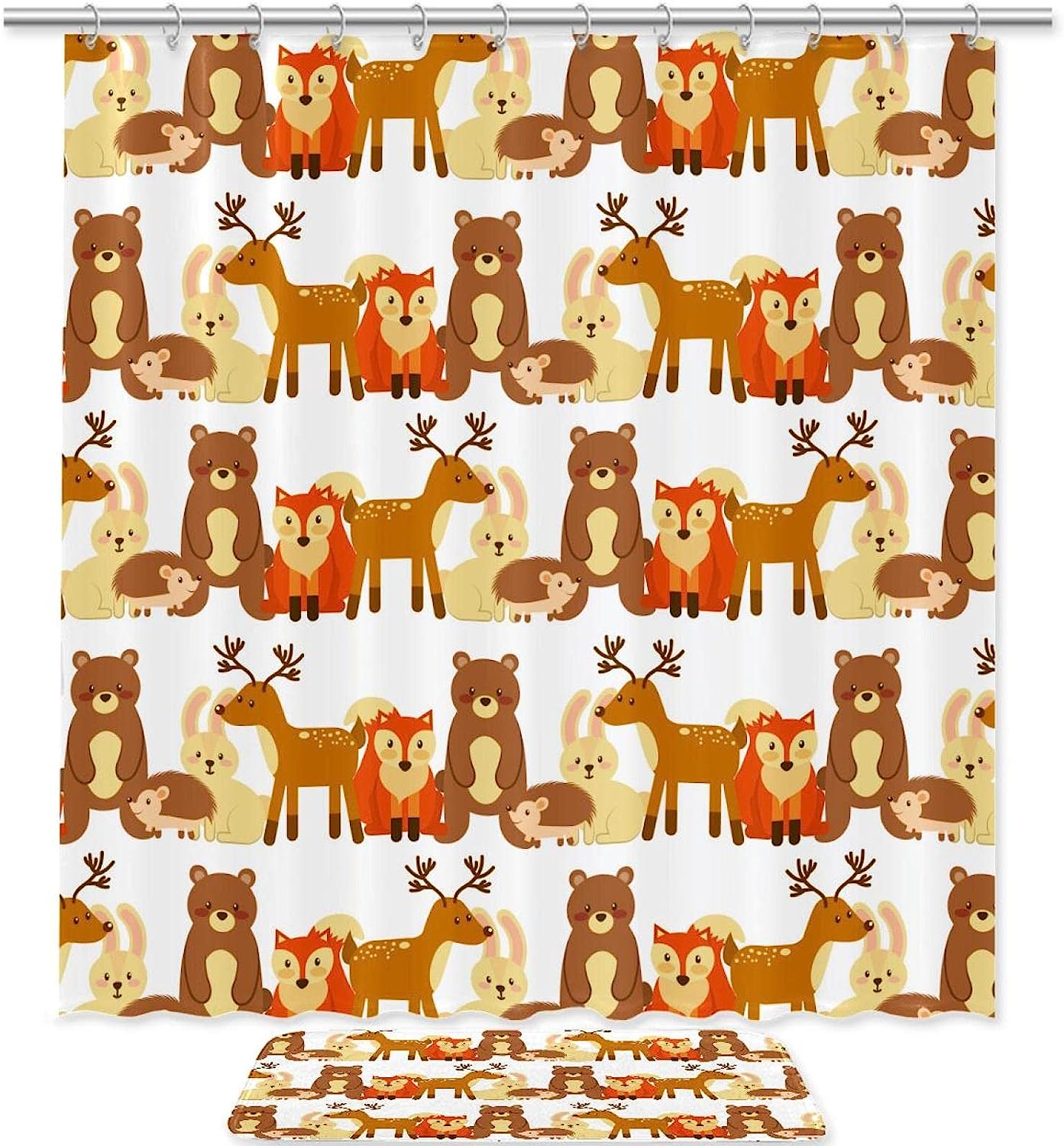 Wildlife Shower Curtain With Bears, Foxes, And Deer Print, Waterproof Bath Curtain For Bathroom
