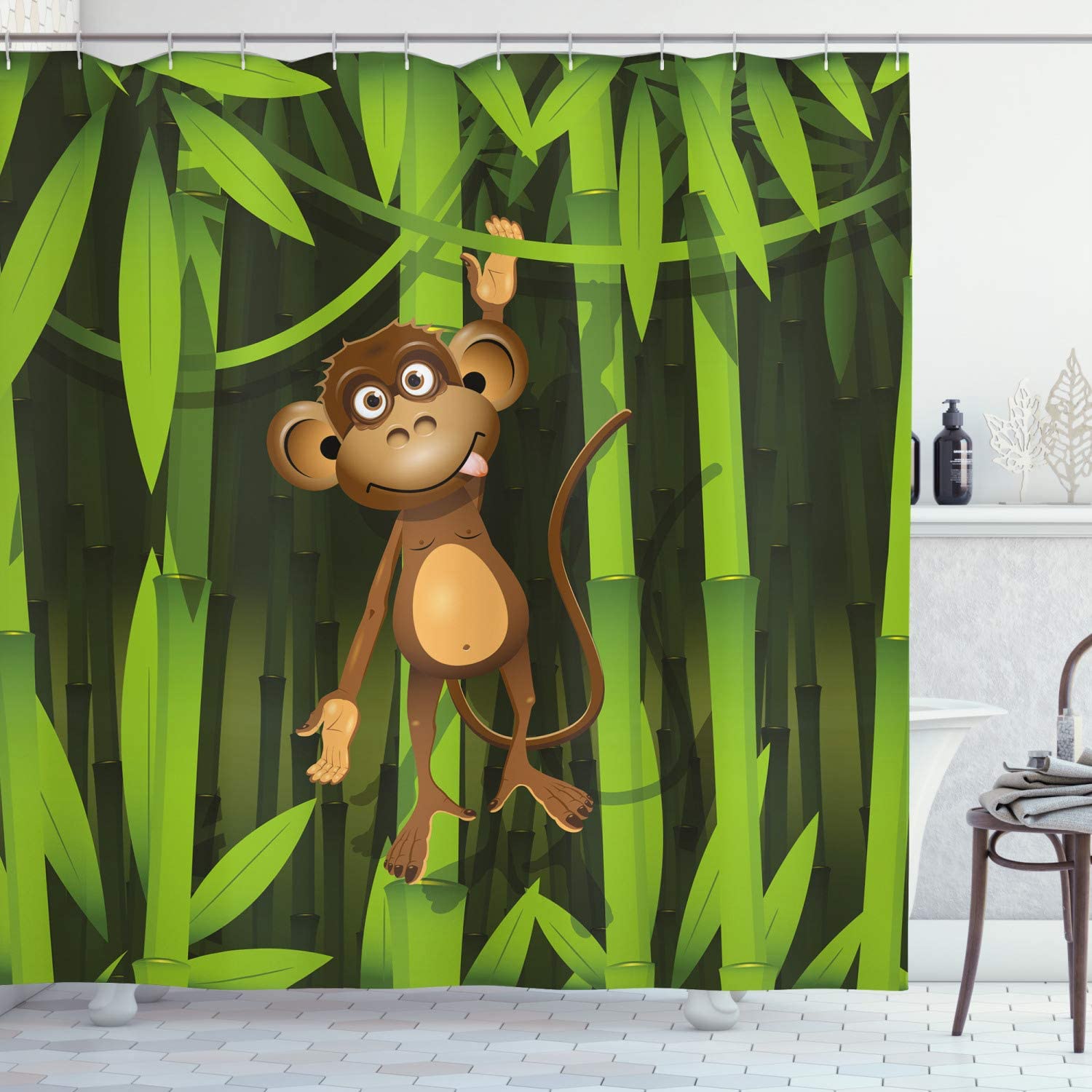 Wildlife Theme Illustration Of A Monkey In The Woodland Shower Curtain - Cloth Fabric Bathroom Decor