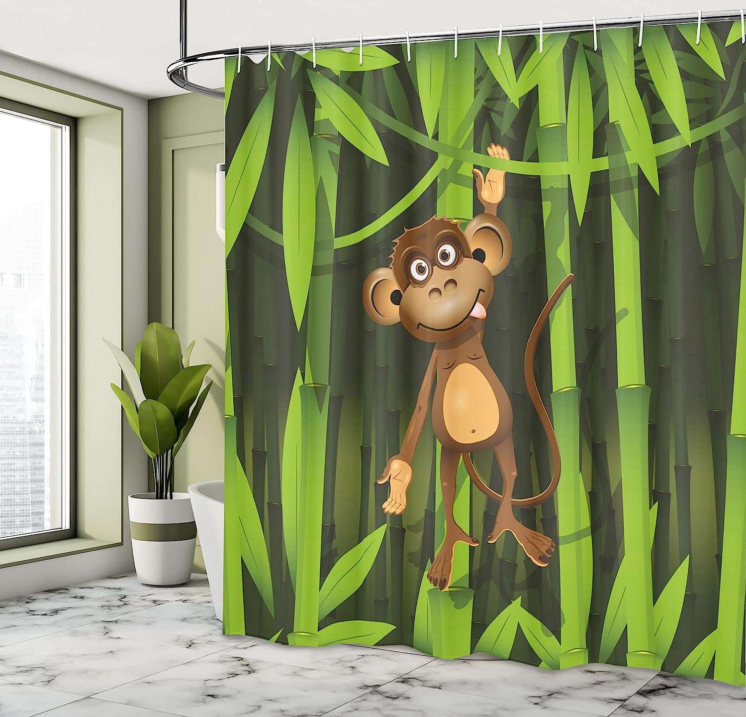 Wildlife Theme Illustration Of A Monkey In The Woodland Shower Curtain - Cloth Fabric Bathroom Decor - Image 4