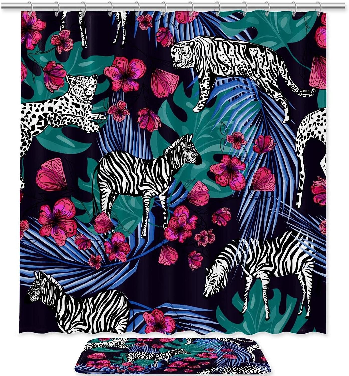 Wildlife Theme Shower Curtain with Zebras and Leopards for Unique Bathroom Decor