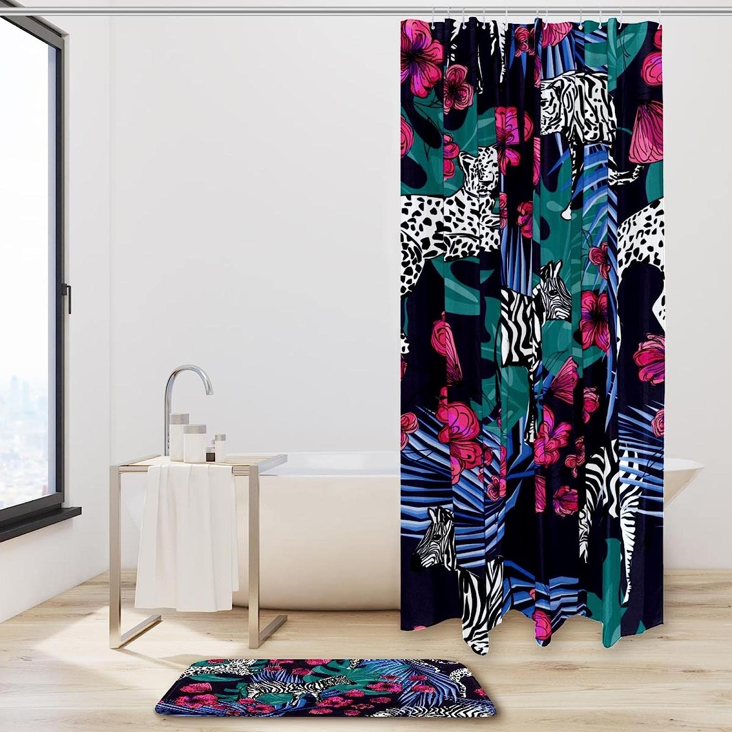 Wildlife Theme Shower Curtain with Zebras and Leopards for Unique Bathroom Decor