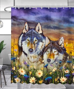 Wildlife Wolf Shower Curtain In White Blue Daisy Flower Sunset Fantasy Forest Landscape