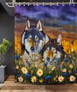 Wildlife Wolf Shower Curtain In White Blue Daisy Flower Sunset Fantasy Forest Landscape