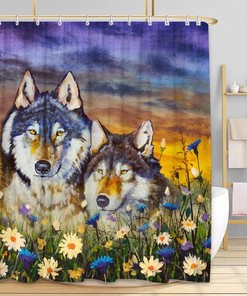 Wildlife Wolf Shower Curtain In White Blue Daisy Flower Sunset Fantasy Forest Landscape