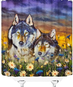 Wildlife Wolf Shower Curtain In White Blue Daisy Flower Sunset Fantasy Forest Landscape