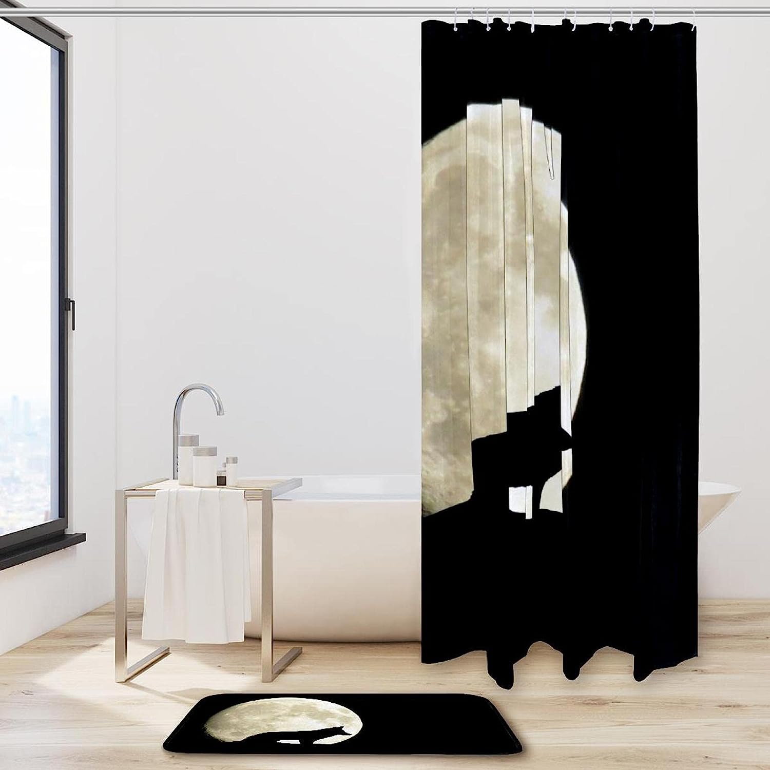 Wildlife Wolf and Moon Pattern Shower Curtain for Bathroom
