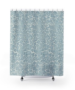 William Morris Antique Bathroom Shower Curtain with Bird & Anemone Soft Blue Pattern Vintage English Bathroom Accessory