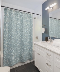 William Morris Antique Bathroom Shower Curtain with Bird & Anemone Soft Blue Pattern Vintage English Bathroom Accessory