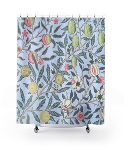 William Morris Antique Blue Pomegranate Fruit Pattern Vintage English Floral Bathroom Accessory Shower Curtain