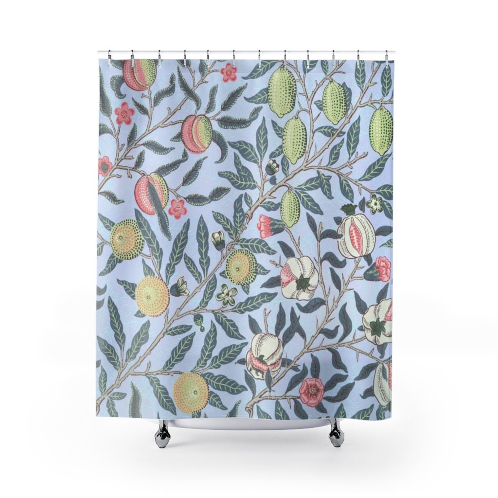 William Morris Antique Blue Pomegranate Fruit Pattern Vintage English Floral Bathroom Accessory Shower Curtain