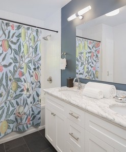 William Morris Antique Blue Pomegranate Fruit Pattern Vintage English Floral Bathroom Accessory Shower Curtain