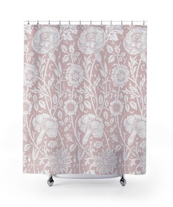 William Morris Antique Flower Pattern Vintage Floral Bathroom Accessory with Light Pink & White Pattern Shower Curtain