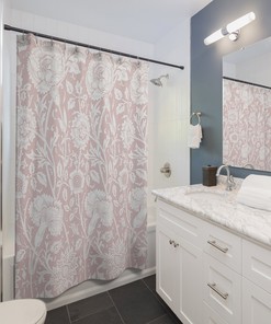 William Morris Antique Flower Pattern Vintage Floral Bathroom Accessory with Light Pink & White Pattern Shower Curtain