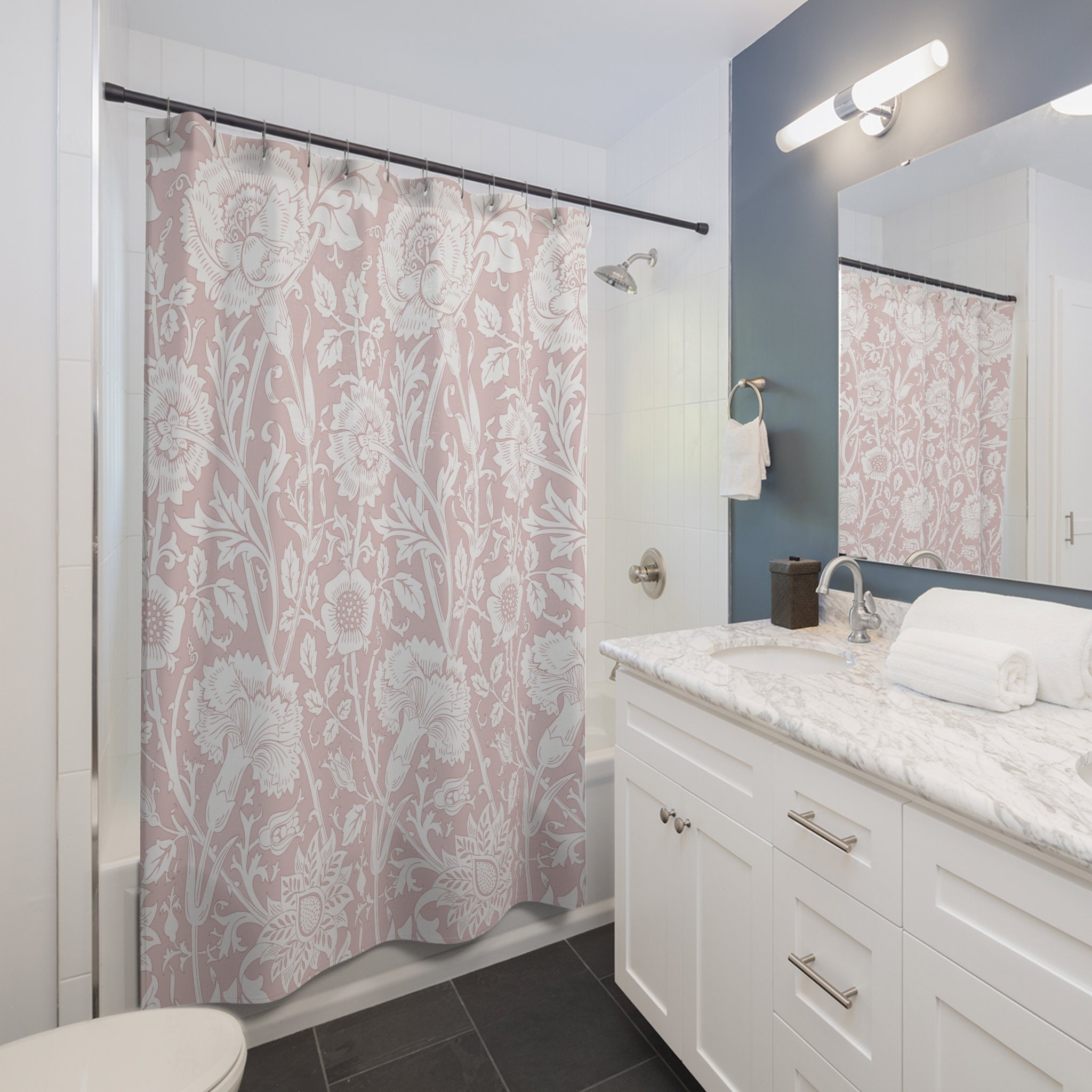 William Morris Antique Flower Pattern Vintage Floral Bathroom Accessory with Light Pink & White Pattern Shower Curtain