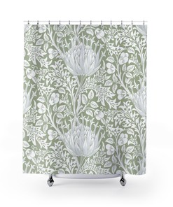 William Morris Antique Flower Pattern Vintage Floral Bathroom Accessory with Sage Green & White Artichoke Shower Curtain