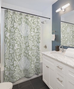 William Morris Antique Flower Pattern Vintage Floral Bathroom Accessory with Sage Green & White Artichoke Shower Curtain