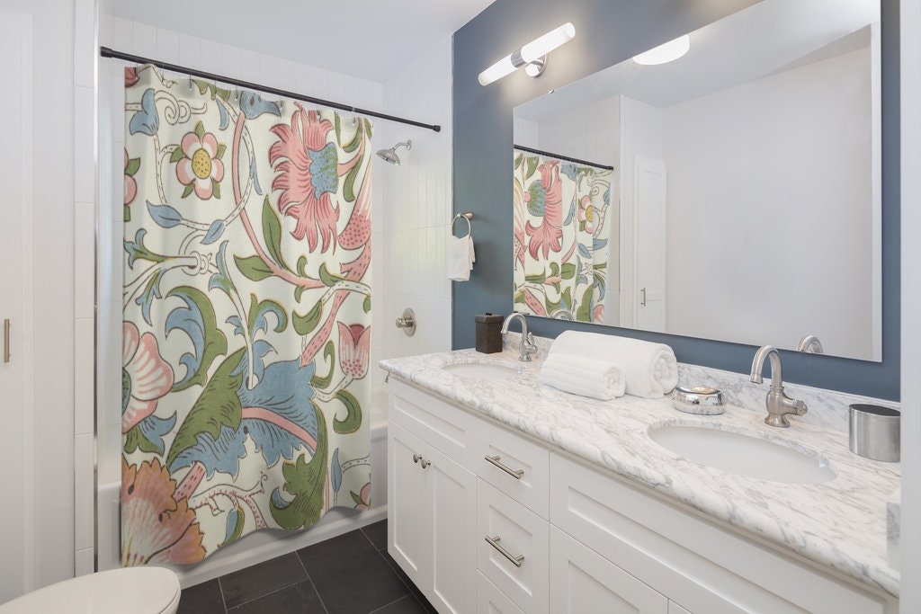 William Morris Antique Lodden Pink Blue Cream Pattern Vintage English Floral Bathroom Accessory Shower Curtain