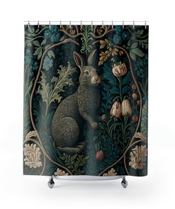 William Morris Inspired Bunny and Forest Shower Curtain for Farmhouse Bathroom 