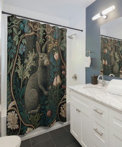 William Morris Inspired Bunny and Forest Shower Curtain for Farmhouse Bathroom