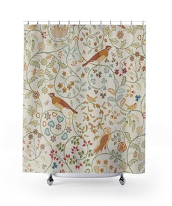 William Morris Newill Owl & Pheasant Vintage English Bathroom Accessory with Antique Ivory Print Bathroom Shower Curtain