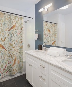 William Morris Newill Owl & Pheasant Vintage English Bathroom Accessory with Antique Ivory Print Bathroom Shower Curtain