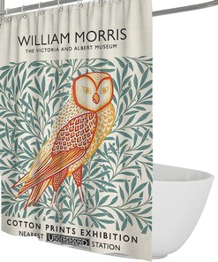 William Morris Orange Owl and Landscape Shower Curtain for a Whimsical and Nature-inspired Bathroom Decor