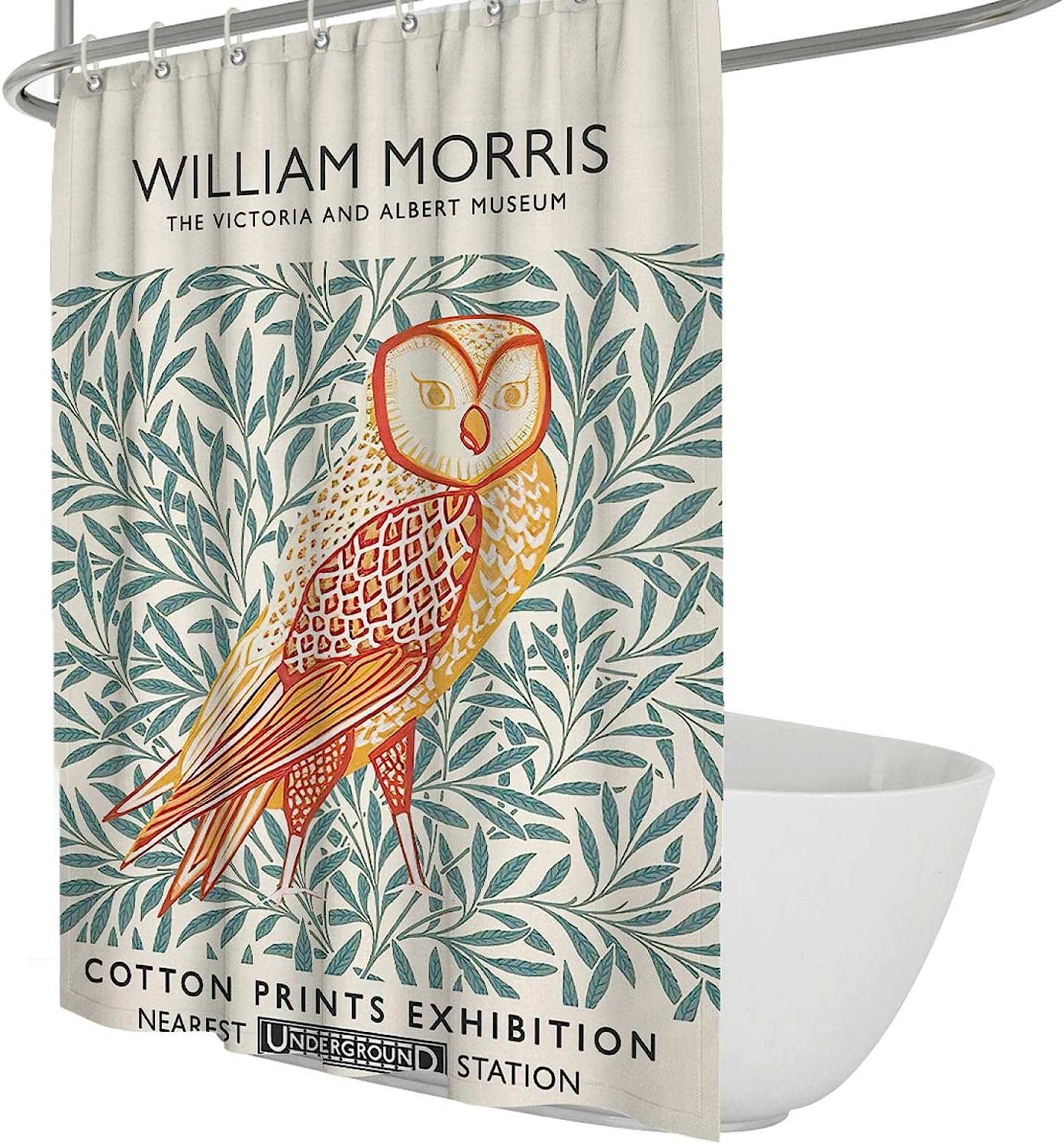 William Morris Orange Owl and Landscape Shower Curtain for a Whimsical and Nature-inspired Bathroom Decor