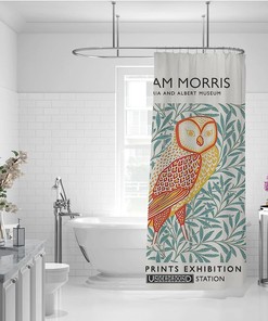 William Morris Orange Owl and Landscape Shower Curtain for a Whimsical and Nature-inspired Bathroom Decor