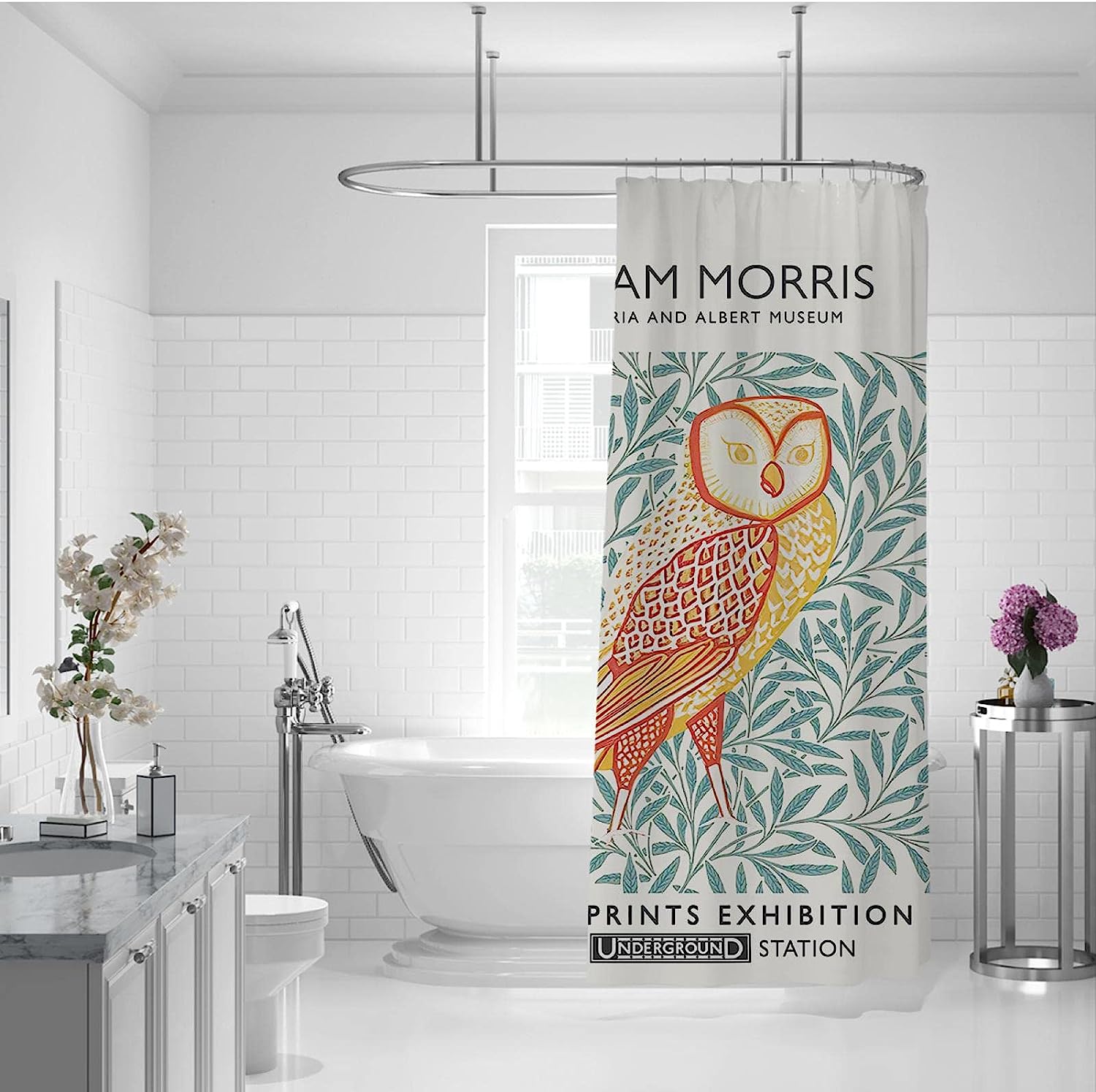 William Morris Orange Owl and Landscape Shower Curtain for a Whimsical and Nature-inspired Bathroom Decor