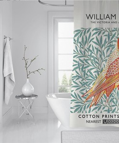 William Morris Orange Owl and Landscape Shower Curtain for a Whimsical and Nature-inspired Bathroom Decor