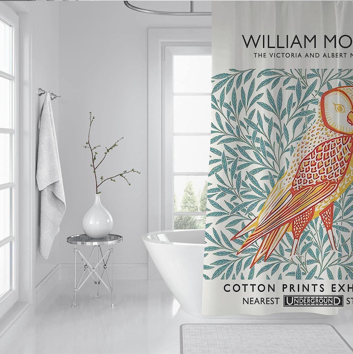 William Morris Orange Owl and Landscape Shower Curtain for a Whimsical and Nature-inspired Bathroom Decor