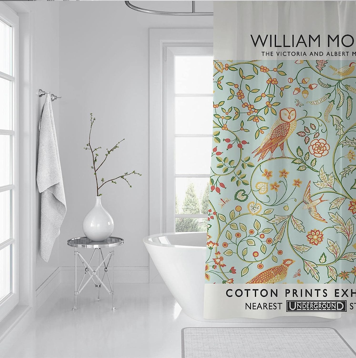 William Morris Plant and Owl Waterproof Shower Curtain for a Chic and Nature-inspired Bathroom Decor