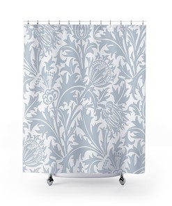 William Morris Shower Curtain with Thistle Silver Grey & White Antique Pattern Print Bath Decor 