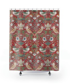 William Morris Strawberry Thief Shower Curtain, Red Floral Pattern, English Country Home Decor