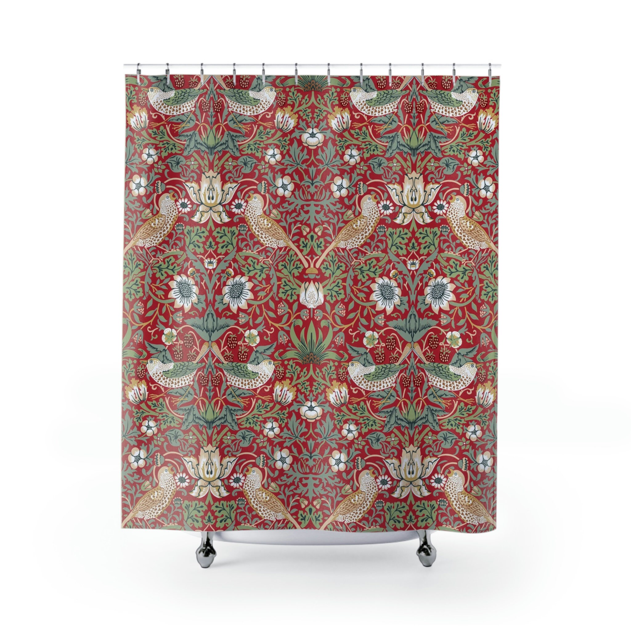 William Morris Strawberry Thief Shower Curtain, Red Floral Pattern, English Country Home Decor