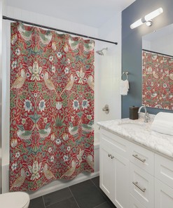 William Morris Strawberry Thief Shower Curtain, Red Floral Pattern, English Country Home Decor