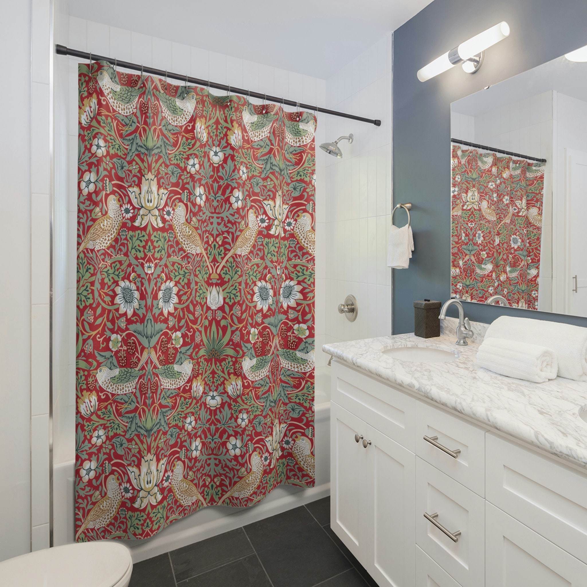 William Morris Strawberry Thief Shower Curtain, Red Floral Pattern, English Country Home Decor
